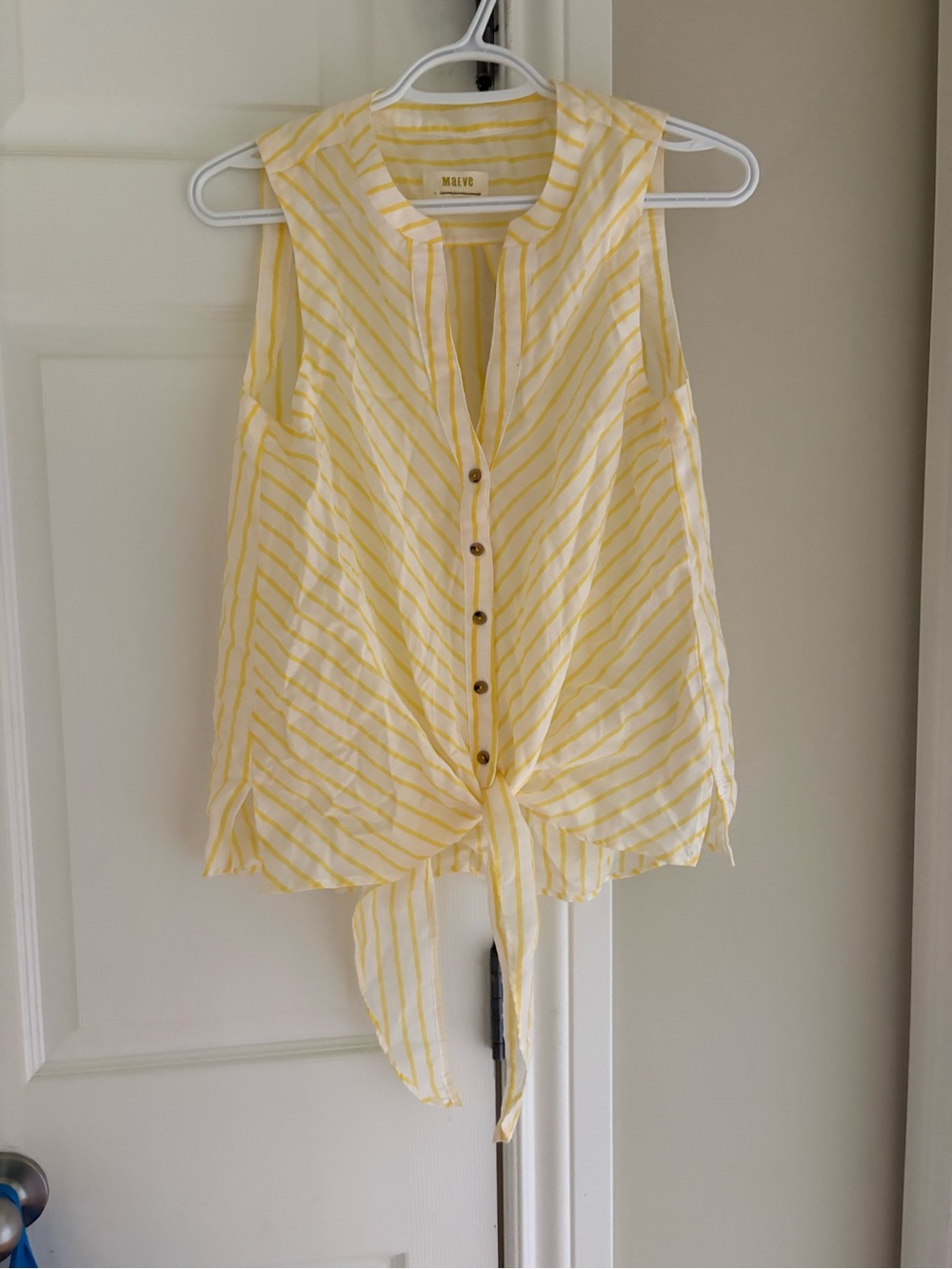 Anthropologie Maeve Yellow Stripe Tie-Front Blouse - Picture 4 of 5